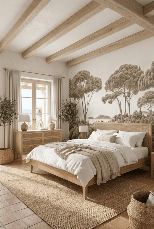 Entre pins et mer – Papier peint forêt méditerranéenne en sépia - Illulart: Papier peint panoramique