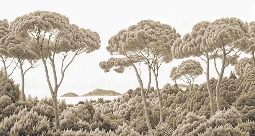 Entre pins et mer – Papier peint forêt méditerranéenne en sépia - Illulart: Papier peint panoramique