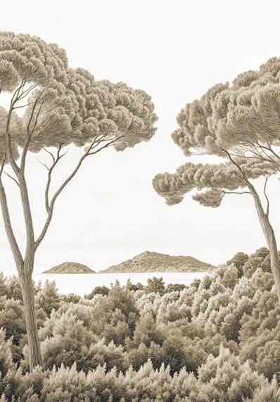 Entre pins et mer – Papier peint forêt méditerranéenne en sépia - Illulart: Papier peint panoramique