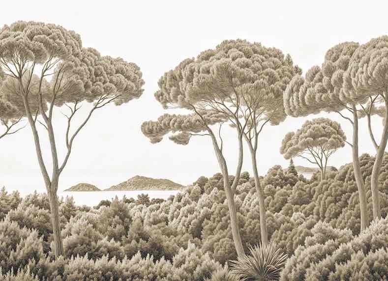 Entre pins et mer – Papier peint forêt méditerranéenne en sépia - Illulart: Papier peint panoramique
