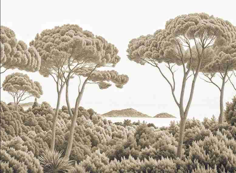 Entre pins et mer – Papier peint forêt méditerranéenne en sépia - Illulart: Papier peint panoramique