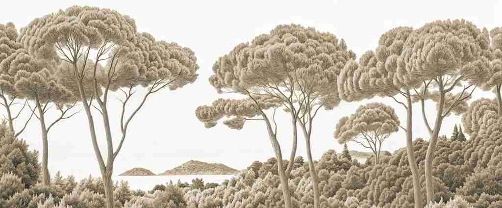 Entre pins et mer – Papier peint forêt méditerranéenne en sépia - Illulart: Papier peint panoramique
