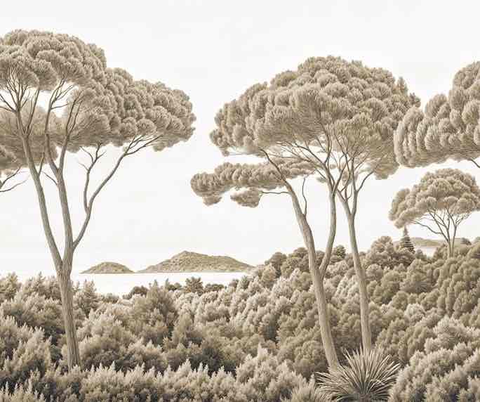 Entre pins et mer – Papier peint forêt méditerranéenne en sépia - Illulart: Papier peint panoramique