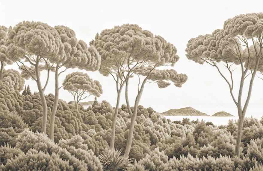 Entre pins et mer – Papier peint forêt méditerranéenne en sépia - Illulart: Papier peint panoramique