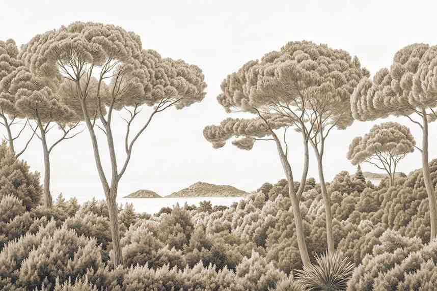 Entre pins et mer – Papier peint forêt méditerranéenne en sépia - Illulart: Papier peint panoramique