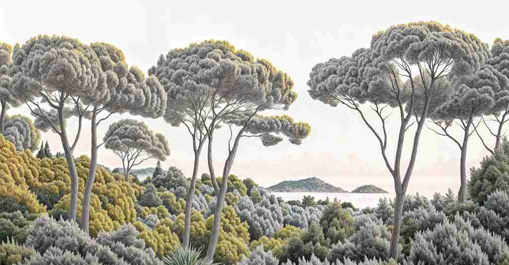 Entre pins et mer – Papier peint forêt méditerranéenne - Illulart: Papier peint panoramique