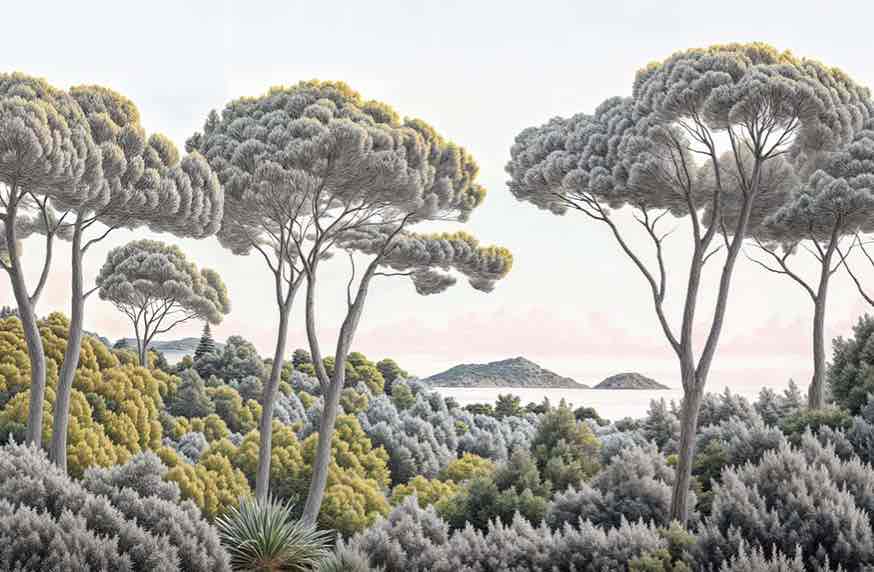 Entre pins et mer – Papier peint forêt méditerranéenne - Illulart: Papier peint panoramique