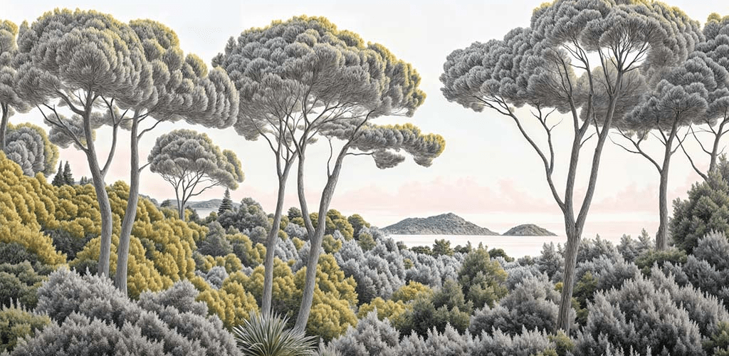Entre pins et mer – Papier peint forêt méditerranéenne - Illulart: Papier peint panoramique