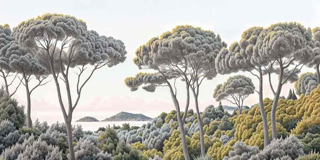 Entre pins et mer – Papier peint forêt méditerranéenne - Illulart: Papier peint panoramique