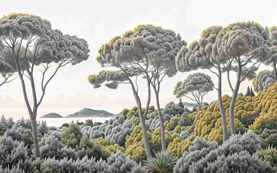 Entre pins et mer – Papier peint forêt méditerranéenne - Illulart: Papier peint panoramique