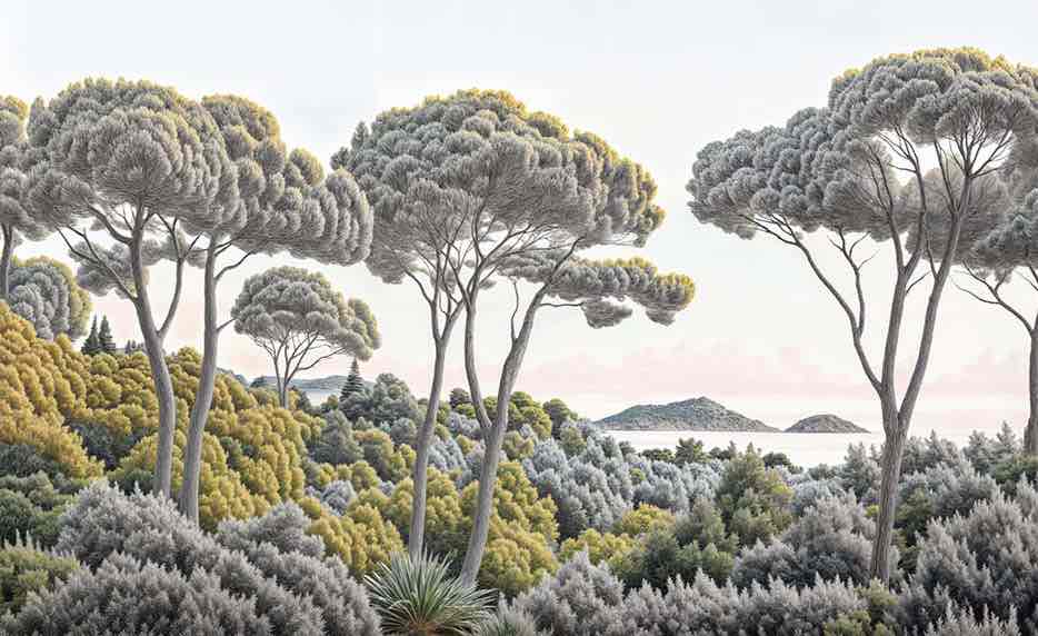 Entre pins et mer – Papier peint forêt méditerranéenne - Illulart: Papier peint panoramique