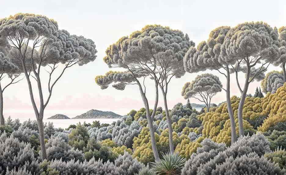 Entre pins et mer – Papier peint forêt méditerranéenne - Illulart: Papier peint panoramique