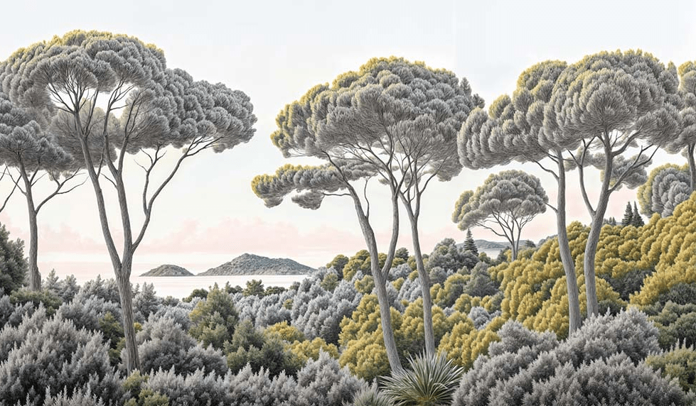 Entre pins et mer – Papier peint forêt méditerranéenne - Illulart: Papier peint panoramique