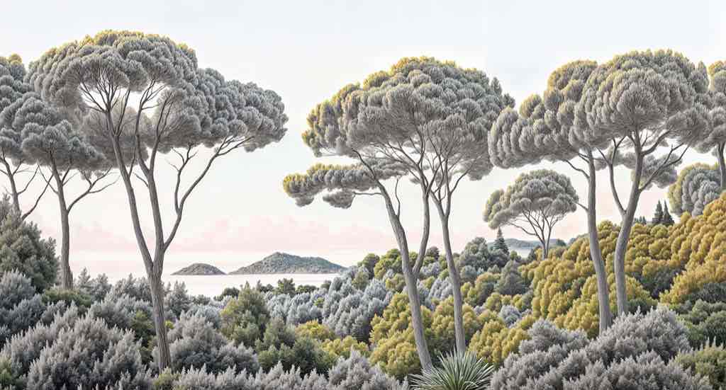 Entre pins et mer – Papier peint forêt méditerranéenne