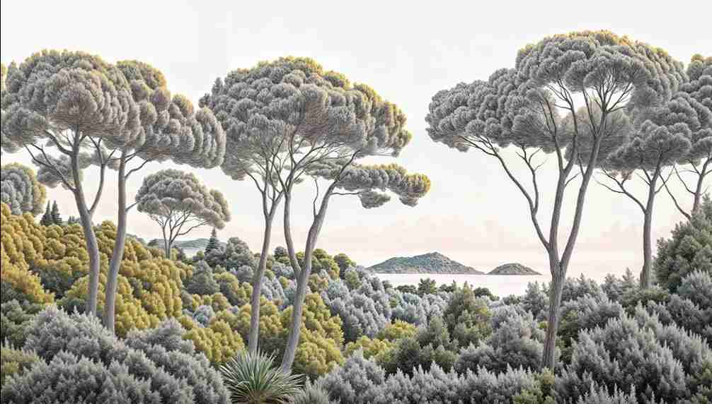 Entre pins et mer – Papier peint forêt méditerranéenne - Illulart: Papier peint panoramique