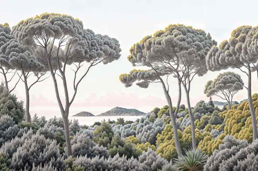Entre pins et mer – Papier peint forêt méditerranéenne