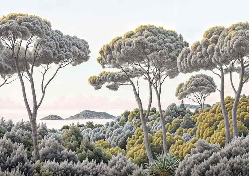 Entre pins et mer – Papier peint forêt méditerranéenne - Illulart: Papier peint panoramique