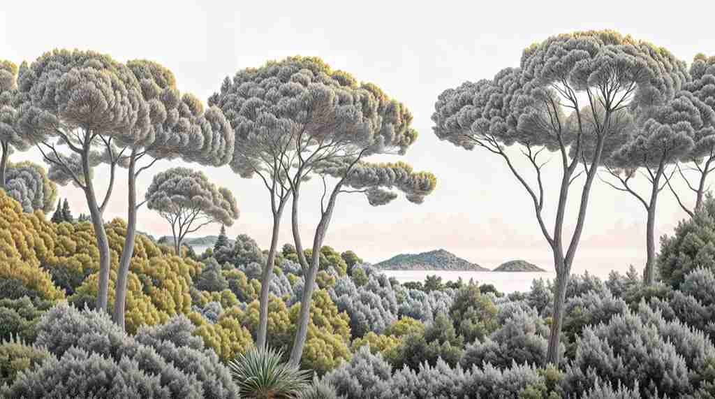 Entre pins et mer – Papier peint forêt méditerranéenne - Illulart: Papier peint panoramique
