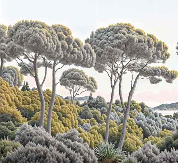 Entre pins et mer – Papier peint forêt méditerranéenne