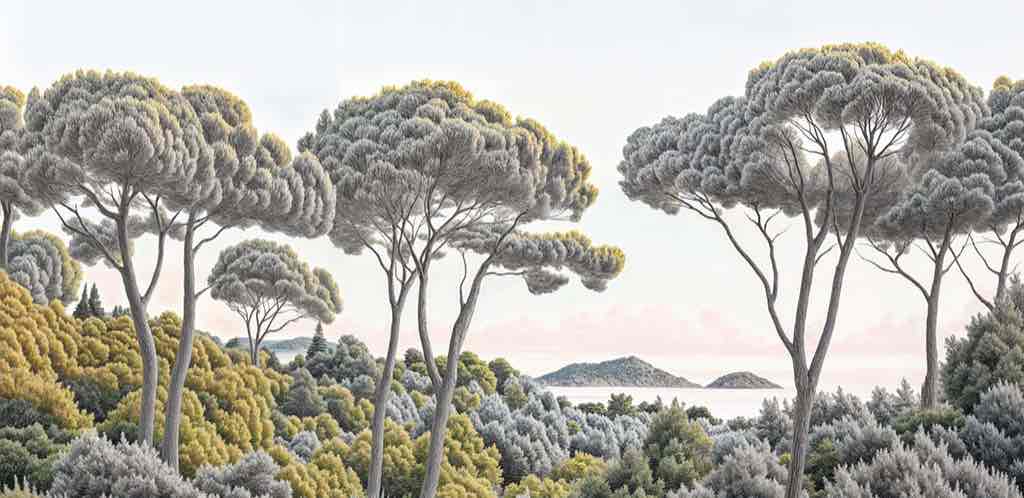 Entre pins et mer – Papier peint forêt méditerranéenne - Illulart: Papier peint panoramique