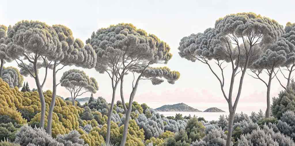Entre pins et mer – Papier peint forêt méditerranéenne - Illulart: Papier peint panoramique