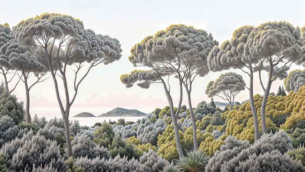 Entre pins et mer – Papier peint forêt méditerranéenne - Illulart: Papier peint panoramique