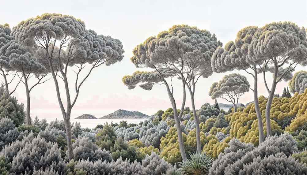 Entre pins et mer – Papier peint forêt méditerranéenne - Illulart: Papier peint panoramique