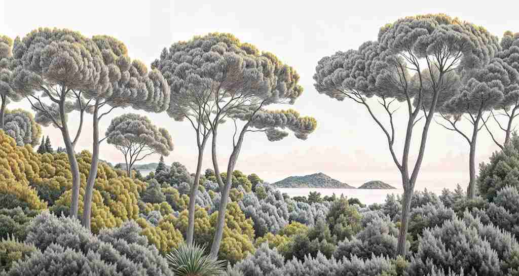 Entre pins et mer – Papier peint forêt méditerranéenne