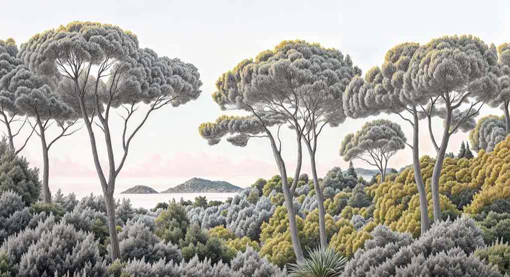 Entre pins et mer – Papier peint forêt méditerranéenne - Illulart: Papier peint panoramique