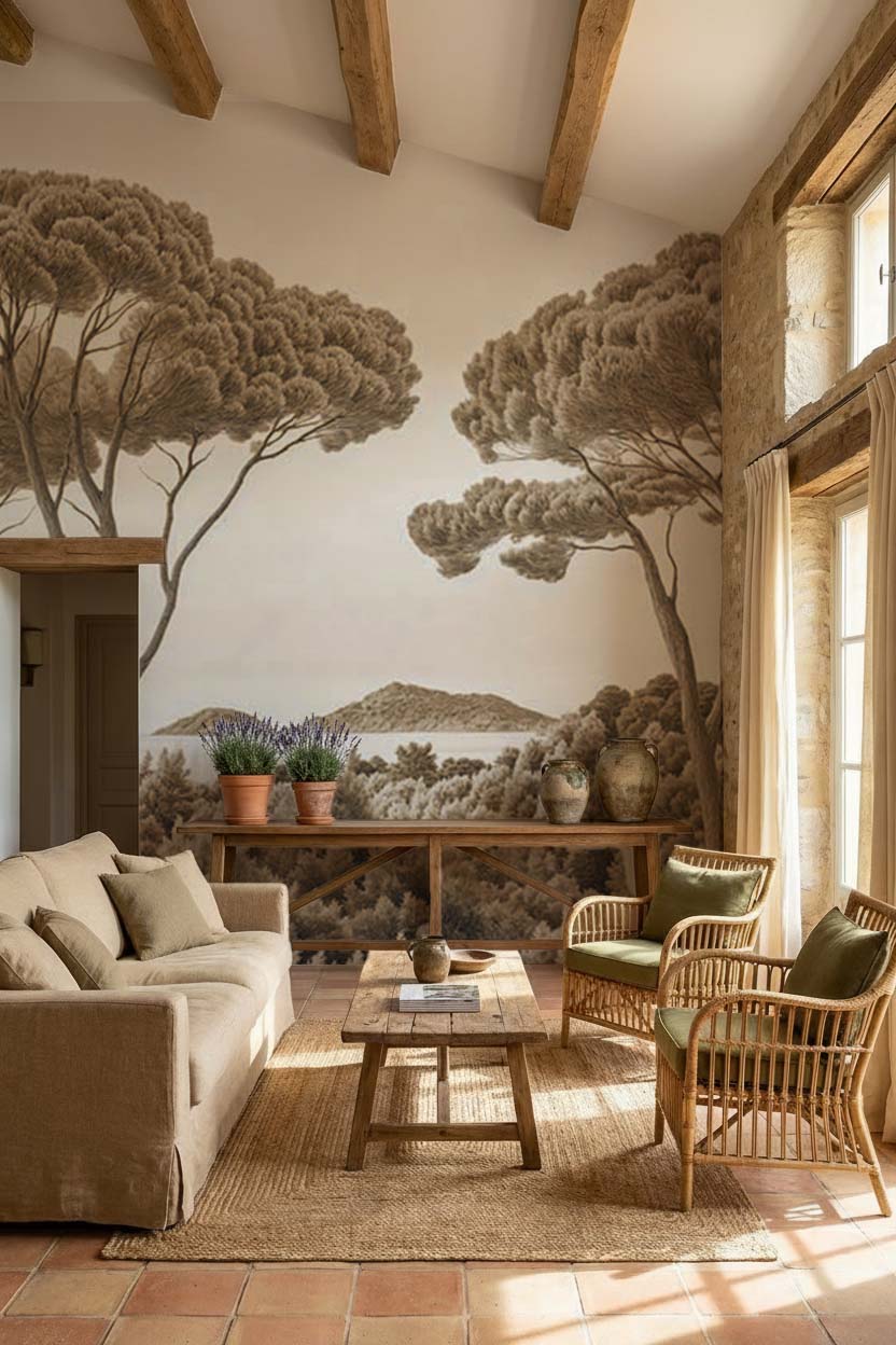 Entre pins et mer sépia - Illulart: Papier peint panoramique