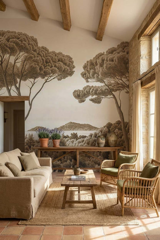 Entre pins et mer sépia - Illulart: Papier peint panoramique