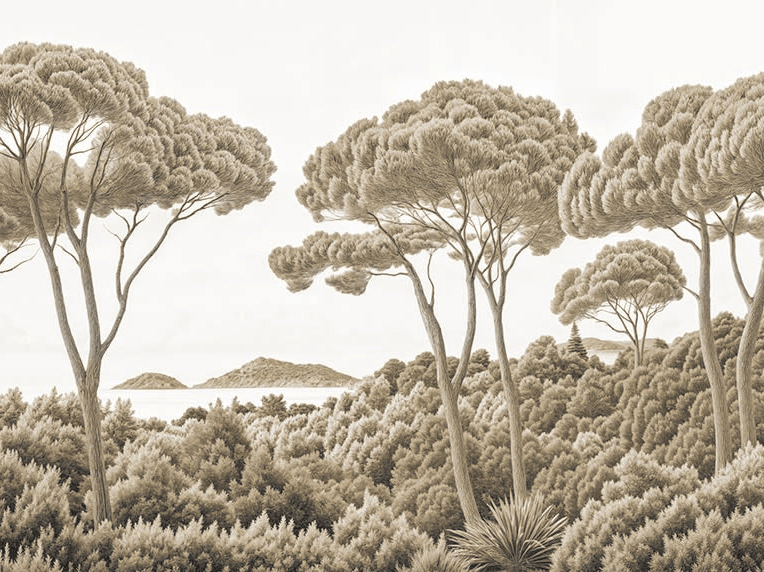 Entre pins et mer sépia - Illulart: Papier peint panoramique