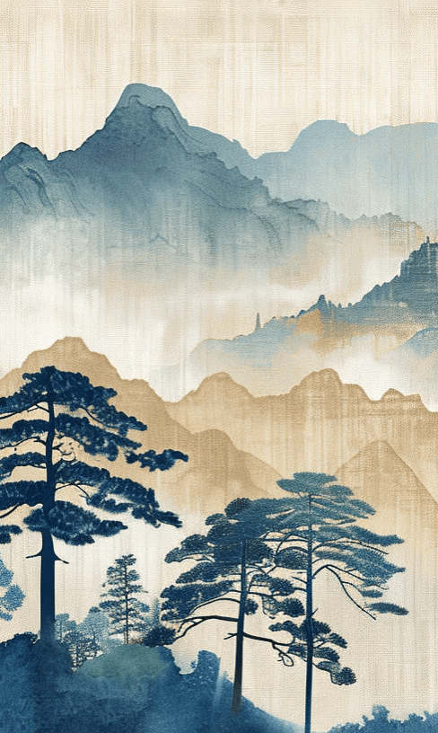 Évasion asiatique : Silhouettes de Montagnes et Forêt - Illulart: Papier peint panoramique