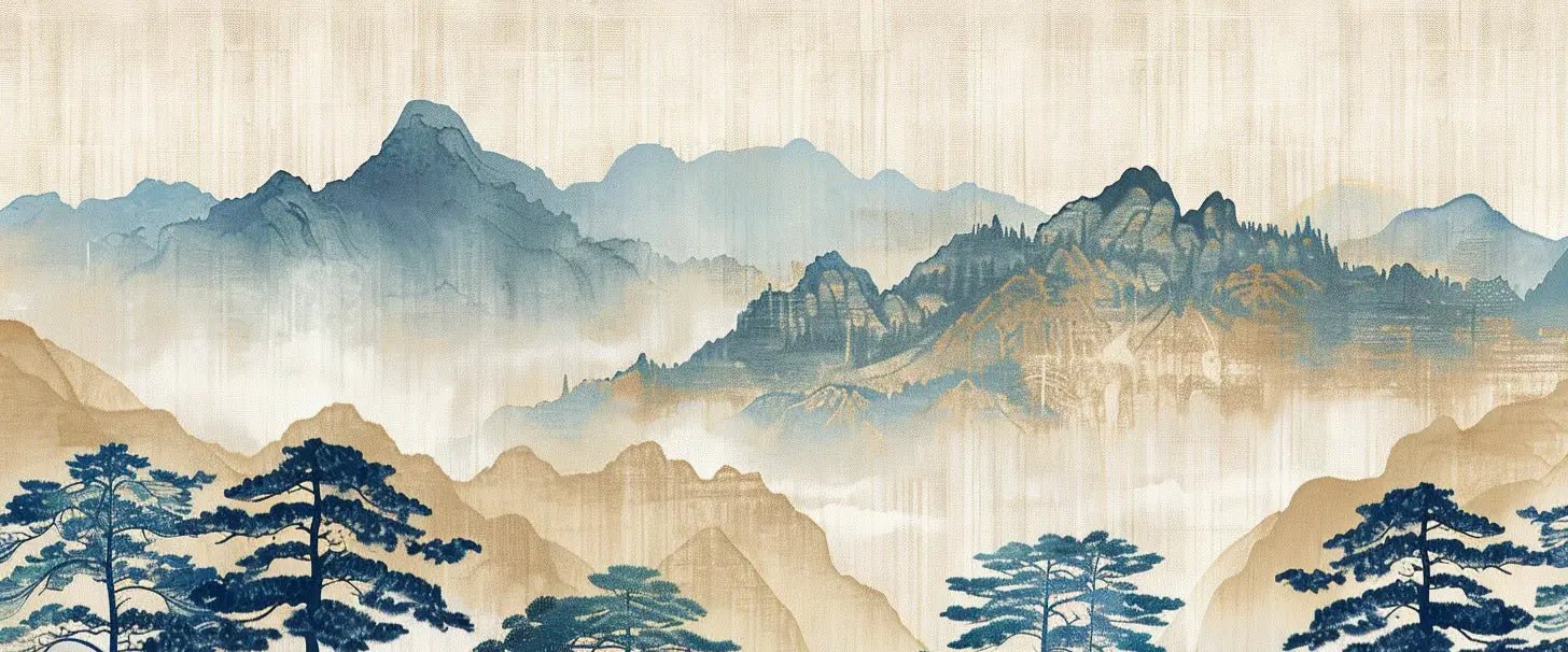 Évasion asiatique : Silhouettes de Montagnes et Forêt - Illulart: Papier peint panoramique