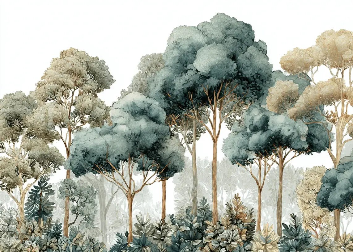 Évasion Boisée Vert Sauge – Papier peint panoramique forêt - Illulart: Papier peint panoramique