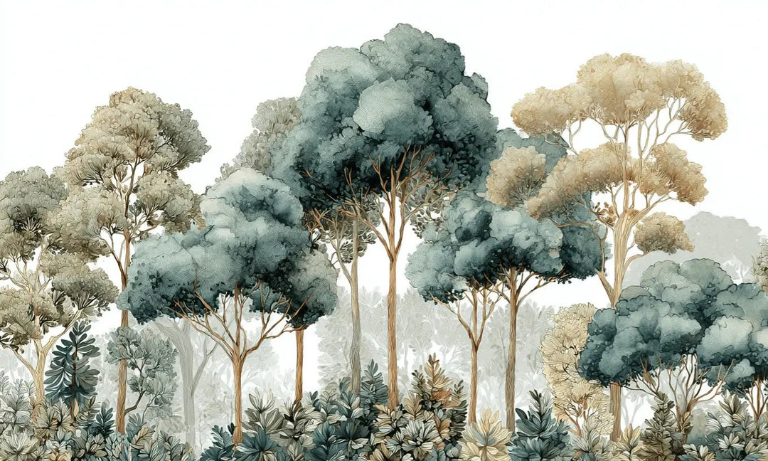 Évasion Boisée Vert Sauge – Papier peint panoramique forêt - Illulart: Papier peint panoramique