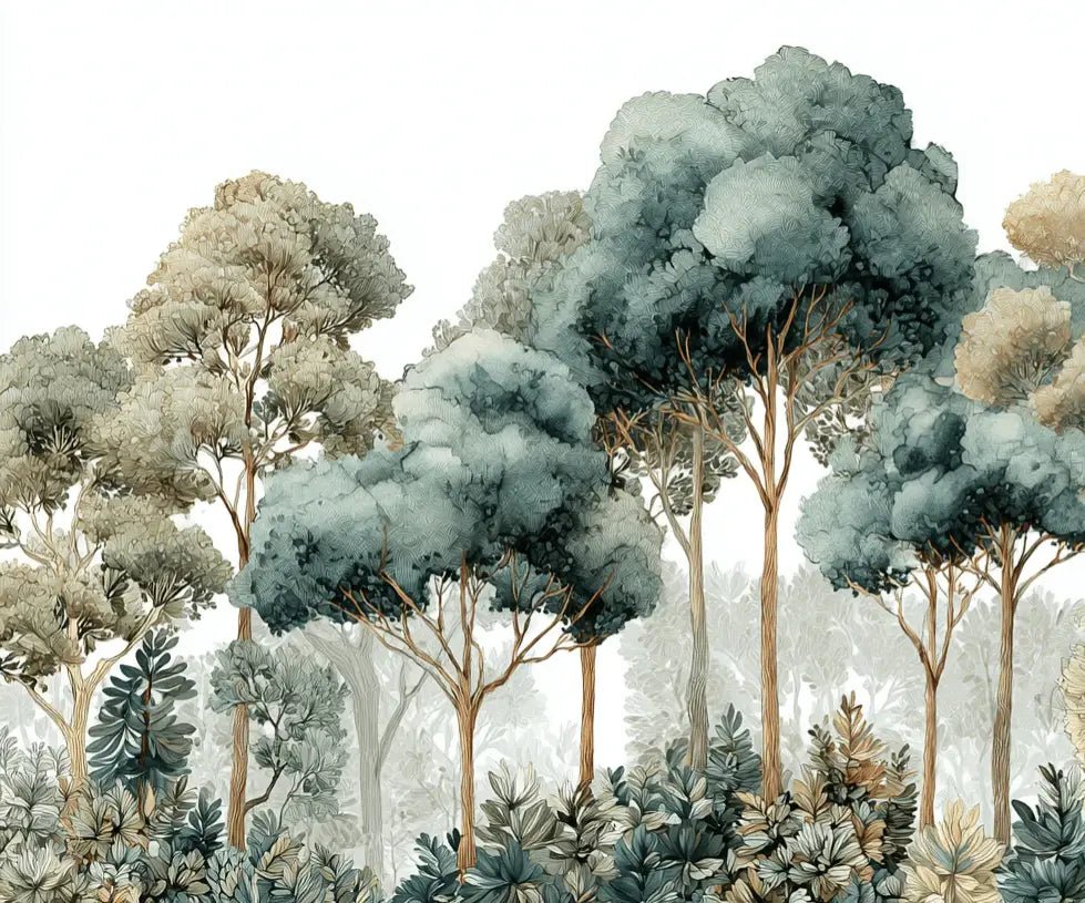 Évasion Boisée Vert Sauge – Papier peint panoramique forêt - Illulart: Papier peint panoramique
