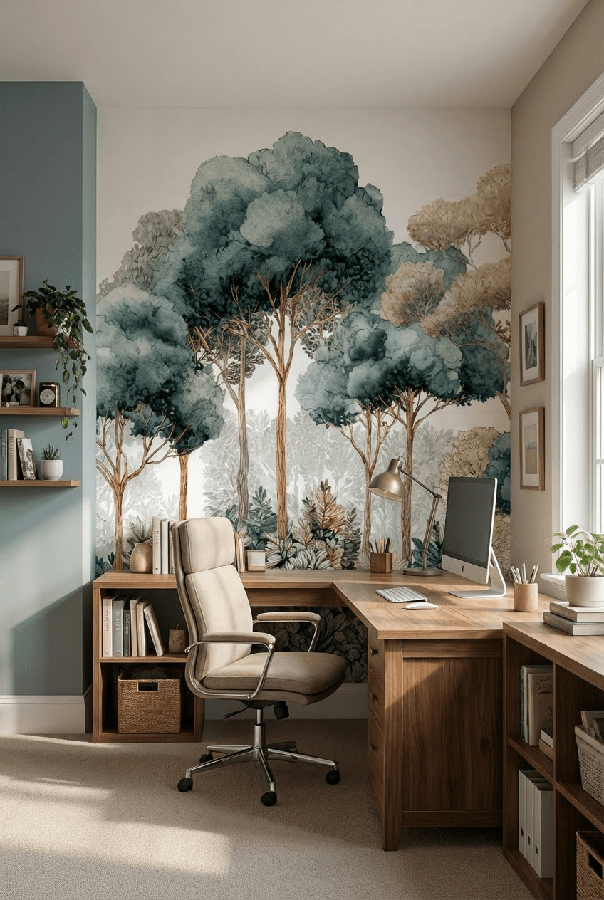 Évasion Boisée Vert Sauge – Papier peint panoramique forêt - Illulart: Papier peint panoramique