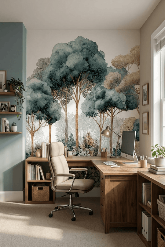 Évasion Boisée Vert Sauge – Papier peint panoramique forêt - Illulart: Papier peint panoramique