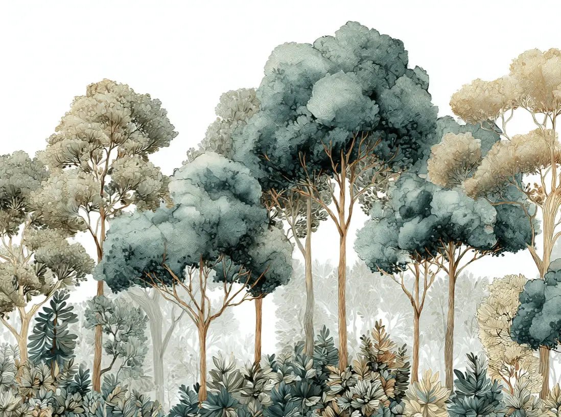Évasion Boisée Vert Sauge – Papier peint panoramique forêt - Illulart: Papier peint panoramique