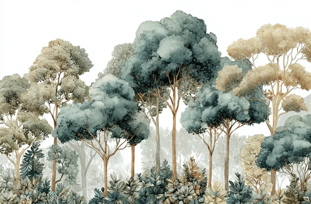 Évasion Boisée Vert Sauge – Papier peint panoramique forêt - Illulart: Papier peint panoramique