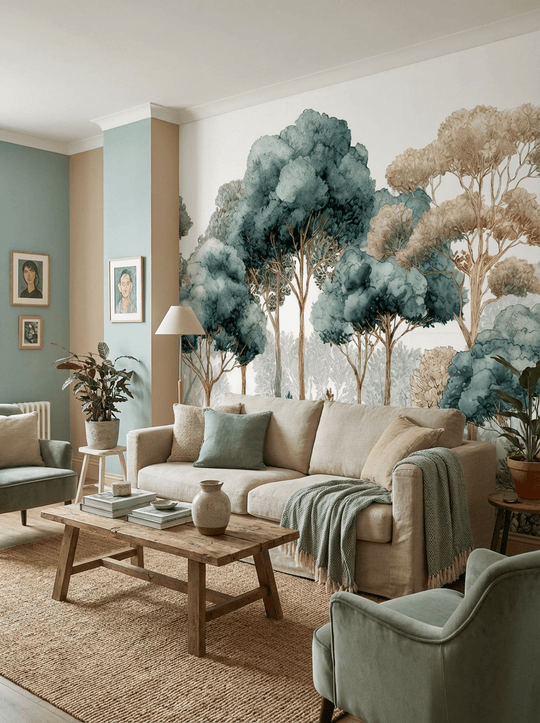 Évasion Boisée Vert Sauge – Papier peint panoramique forêt - Illulart: Papier peint panoramique