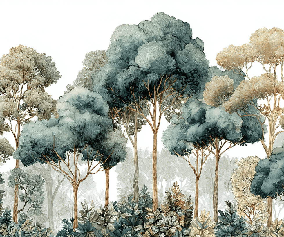 Évasion Boisée Vert Sauge – Papier peint panoramique forêt - Illulart: Papier peint panoramique