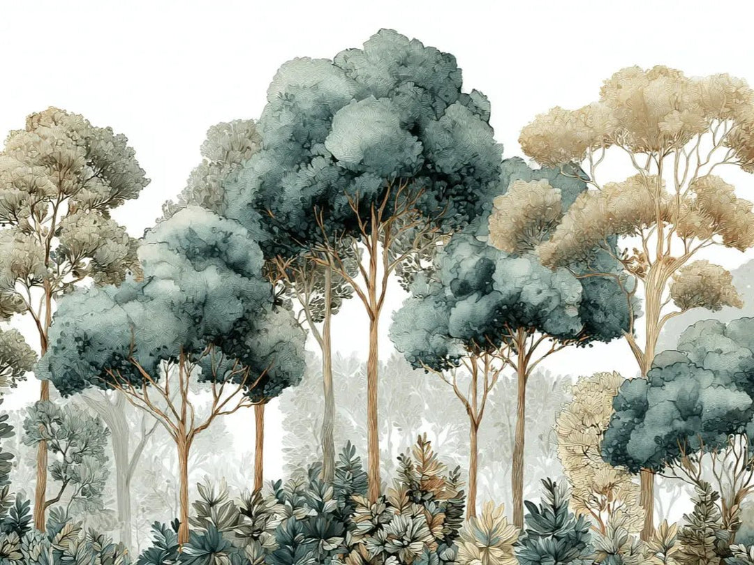 Évasion Boisée Vert Sauge – Papier peint panoramique forêt - Illulart: Papier peint panoramique