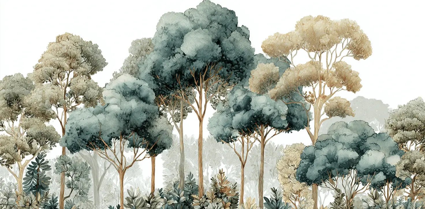 Évasion Boisée Vert Sauge – Papier peint panoramique forêt - Illulart: Papier peint panoramique