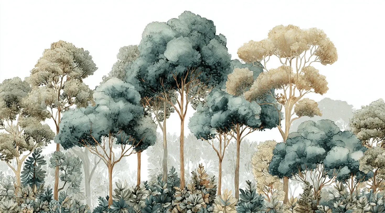 Évasion Boisée Vert Sauge – Papier peint panoramique forêt - Illulart: Papier peint panoramique