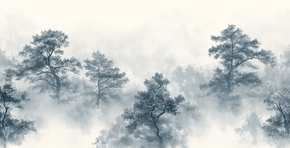 Évasion Forestière : Papier Peint panoramique Forêt dans la Brume - Illulart: Papier peint panoramique