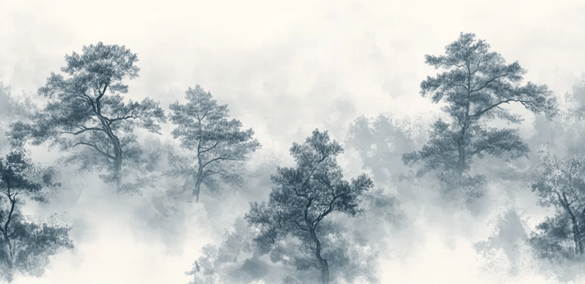 Évasion Forestière : Papier Peint panoramique Forêt dans la Brume - Illulart: Papier peint panoramique