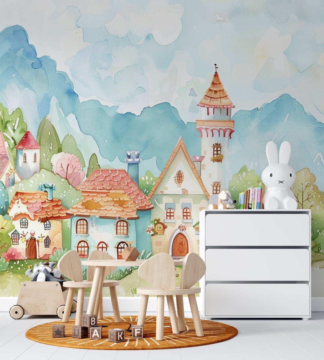 Évasion Imaginaire : Papier Peint Village Fantastique pour Enfants - Illulart: Papier peint panoramique