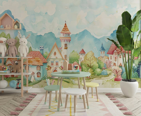 Évasion Imaginaire : Papier Peint Village Fantastique pour Enfants - Illulart: Papier peint panoramique